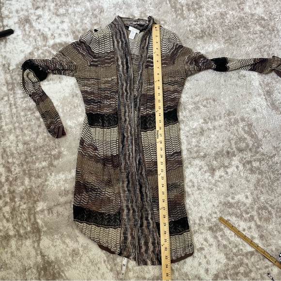 Chico’s cardigan Brown & Gold Cable Knit Cardigan open front below the knee - Picture 9 of 9